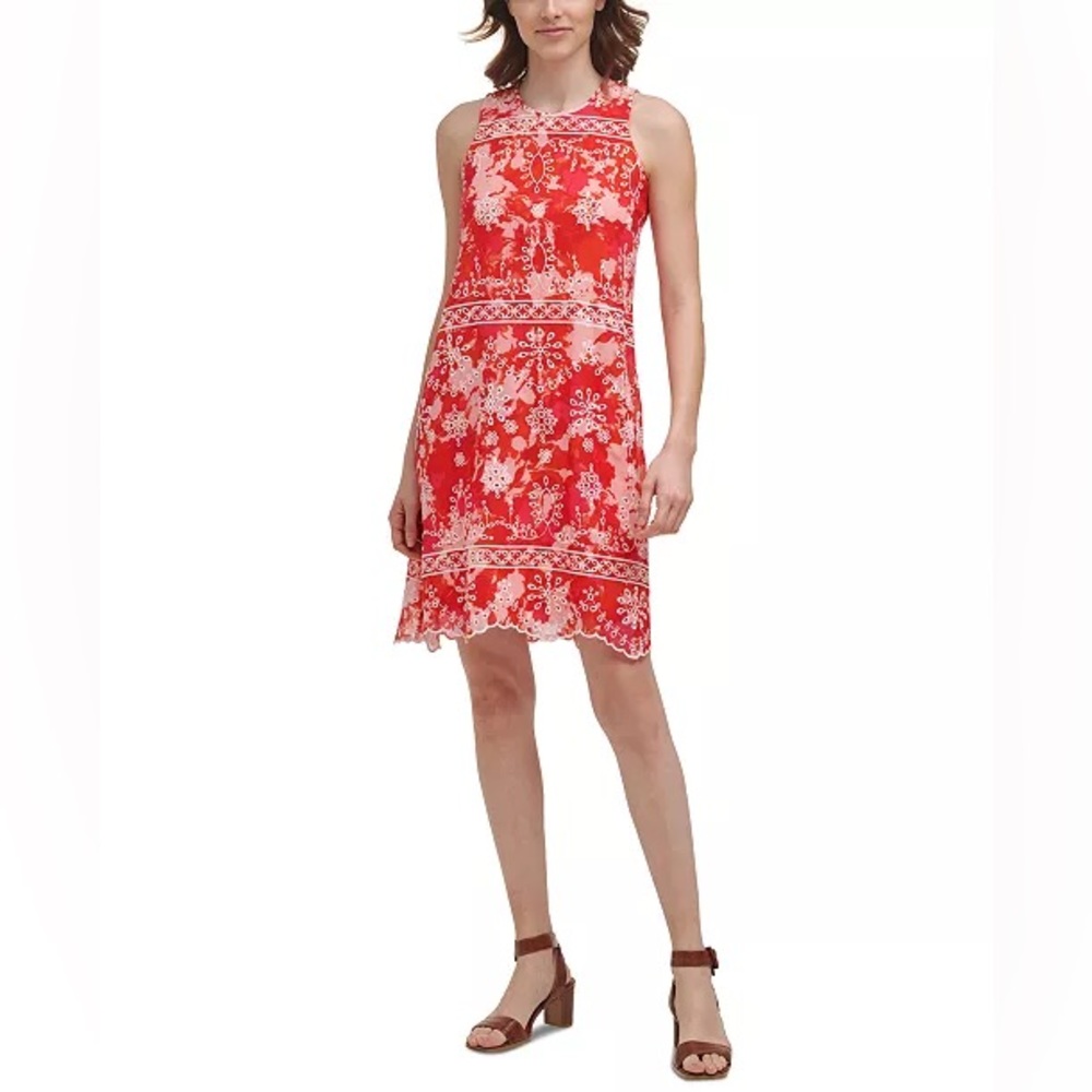 CALVIN KLEIN Embroidered Ruffled Sleeveless Dress